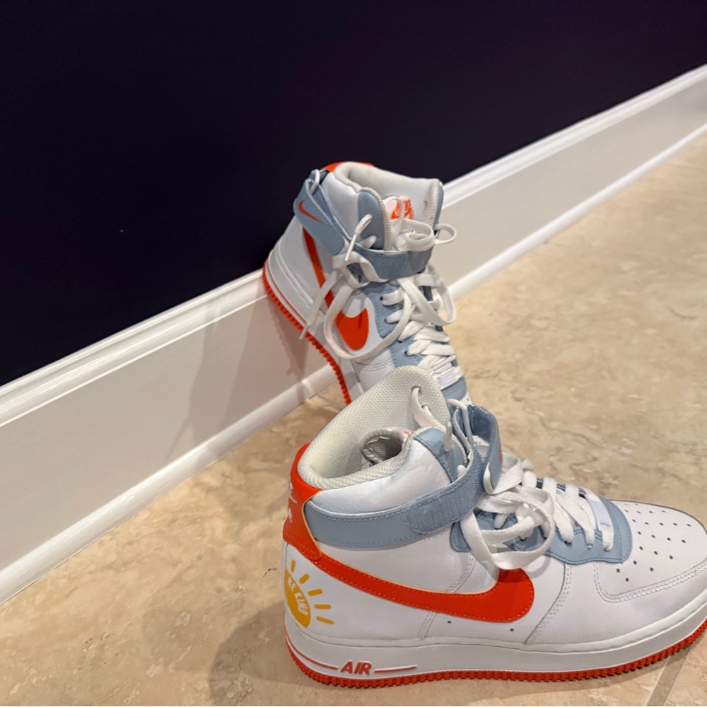 Nike Kids High-Top Sneakers - White, Orange, and Blue